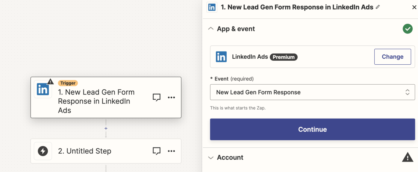 A LinkedIn Ads trigger in the Zapier editor.