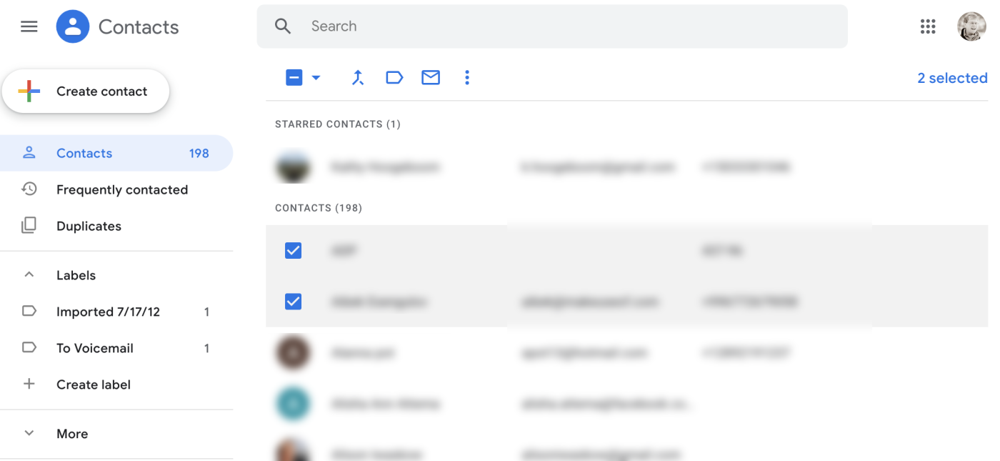 Google Contacts check boxes