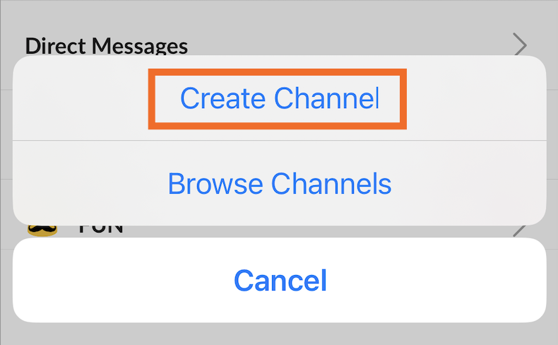 List of new channel options using the Slack mobile app: create channel or browse channels. 