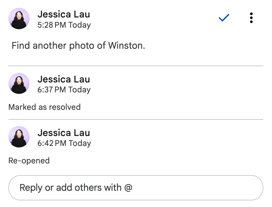 Comment thread in Google Docs that displays when the comment was marked as resolved and re-opened.