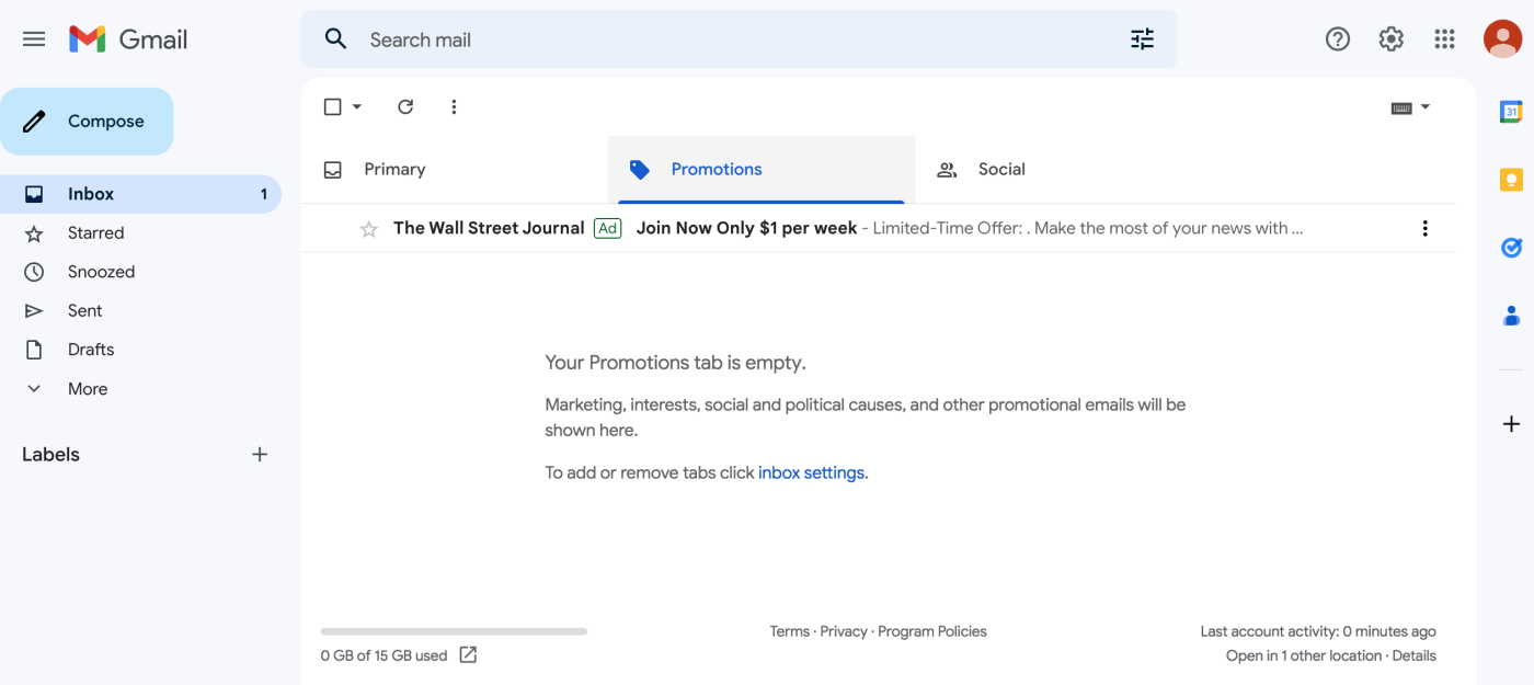 Screenshot of Gmail's "promotions" tab. 