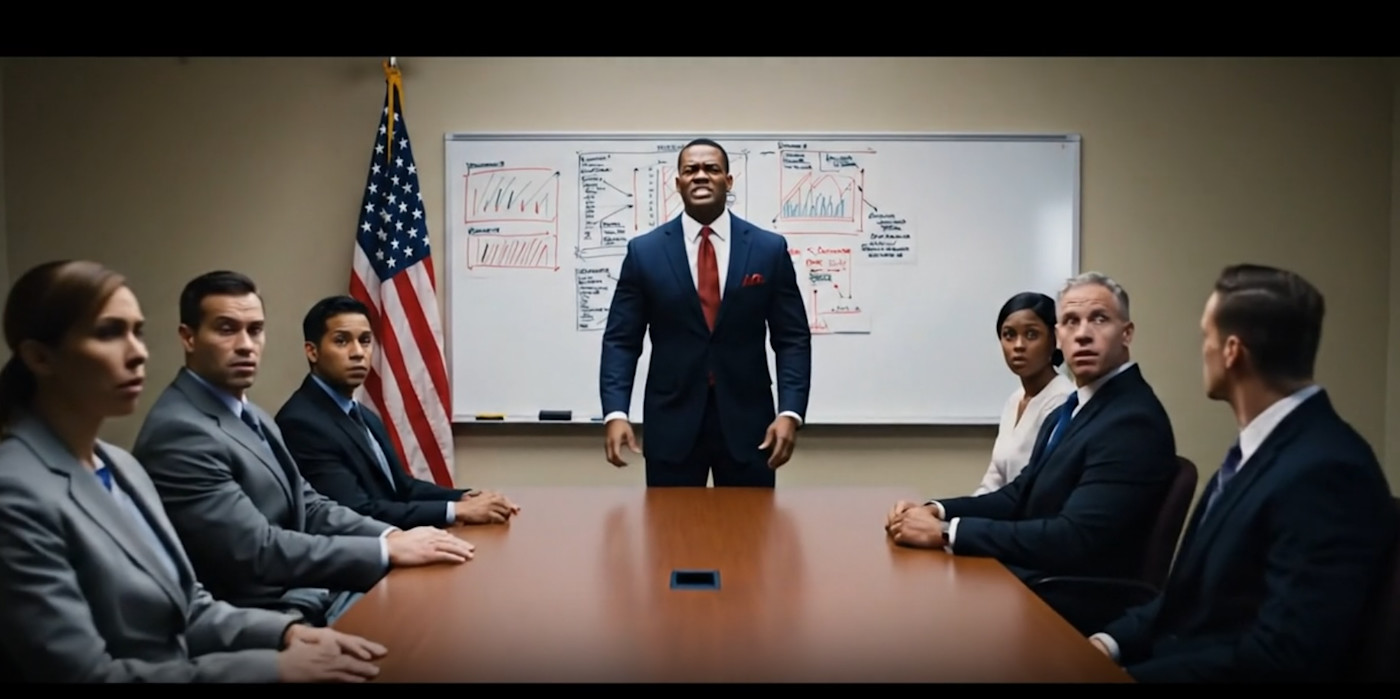 A screengrab from a Google Veo video showing people looking at the camera in a meeting