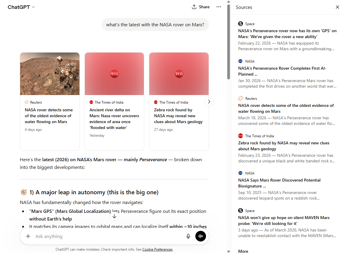 ChatGPT searching answering the question and offering a summary