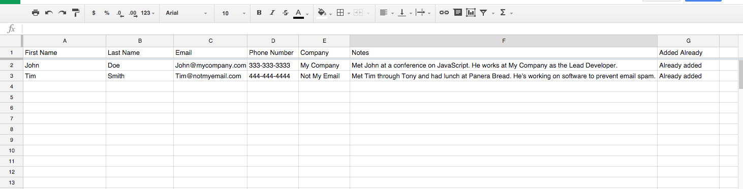 contact information spreadsheet