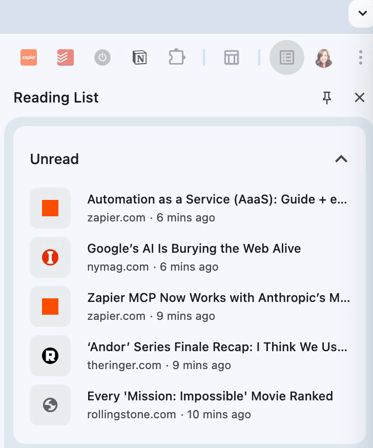 Pinning the reading list to the sidebar in Chrome