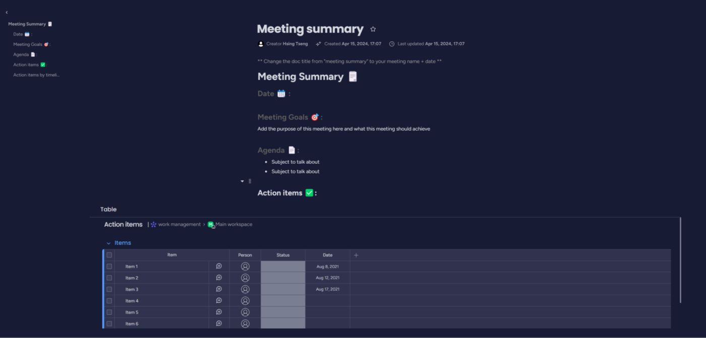 A meeting summary template in monday workdocs.
