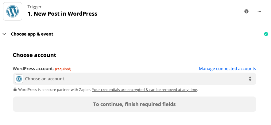 The WordPress account selector in the Zap editor.