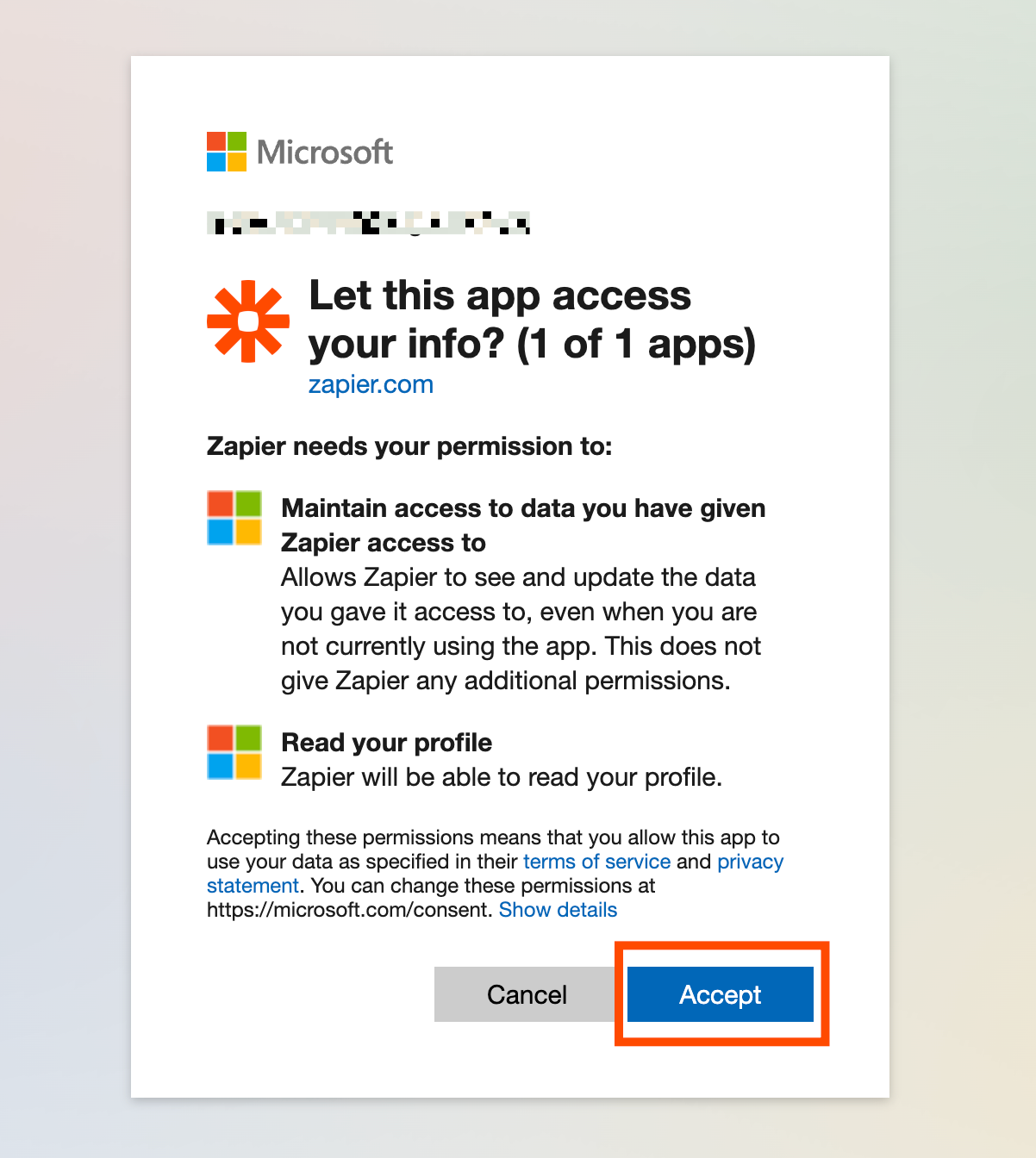 A screenshot of the permissions pop-up to connect Zapier to Microsoft, with the "Accept" button highlighted.