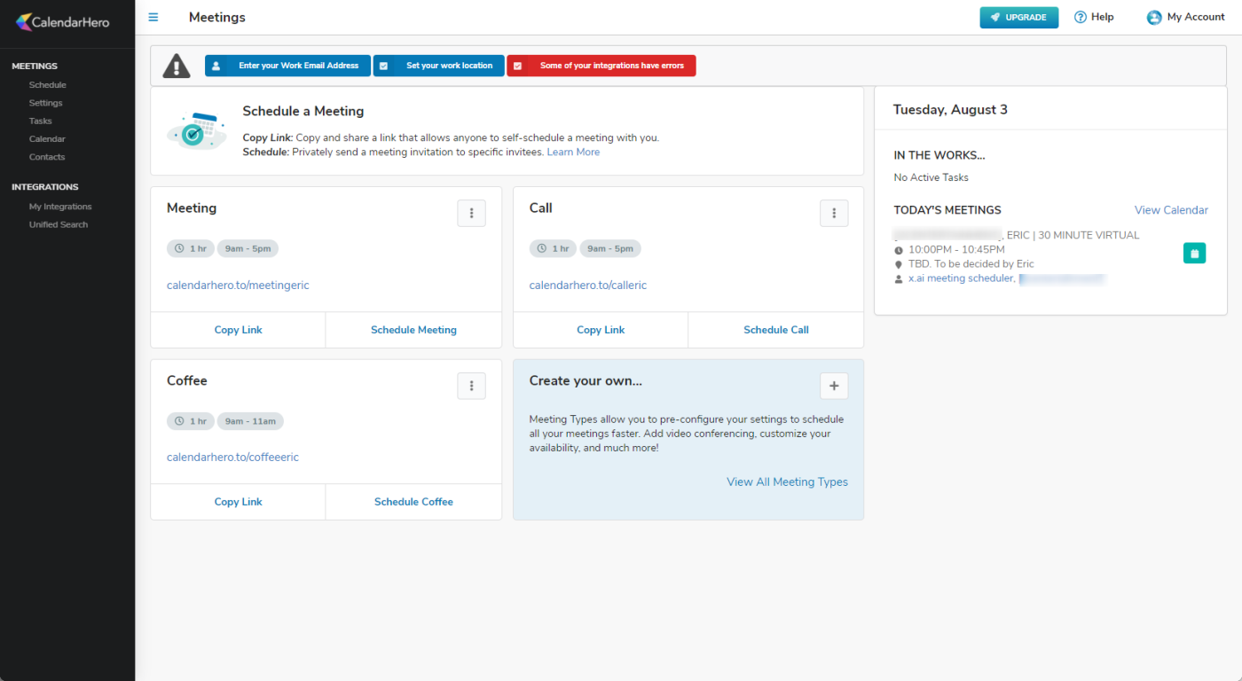 The interface for CalendarHero, our pick for the best meeting scheduler for scheduling multiple meeting types.