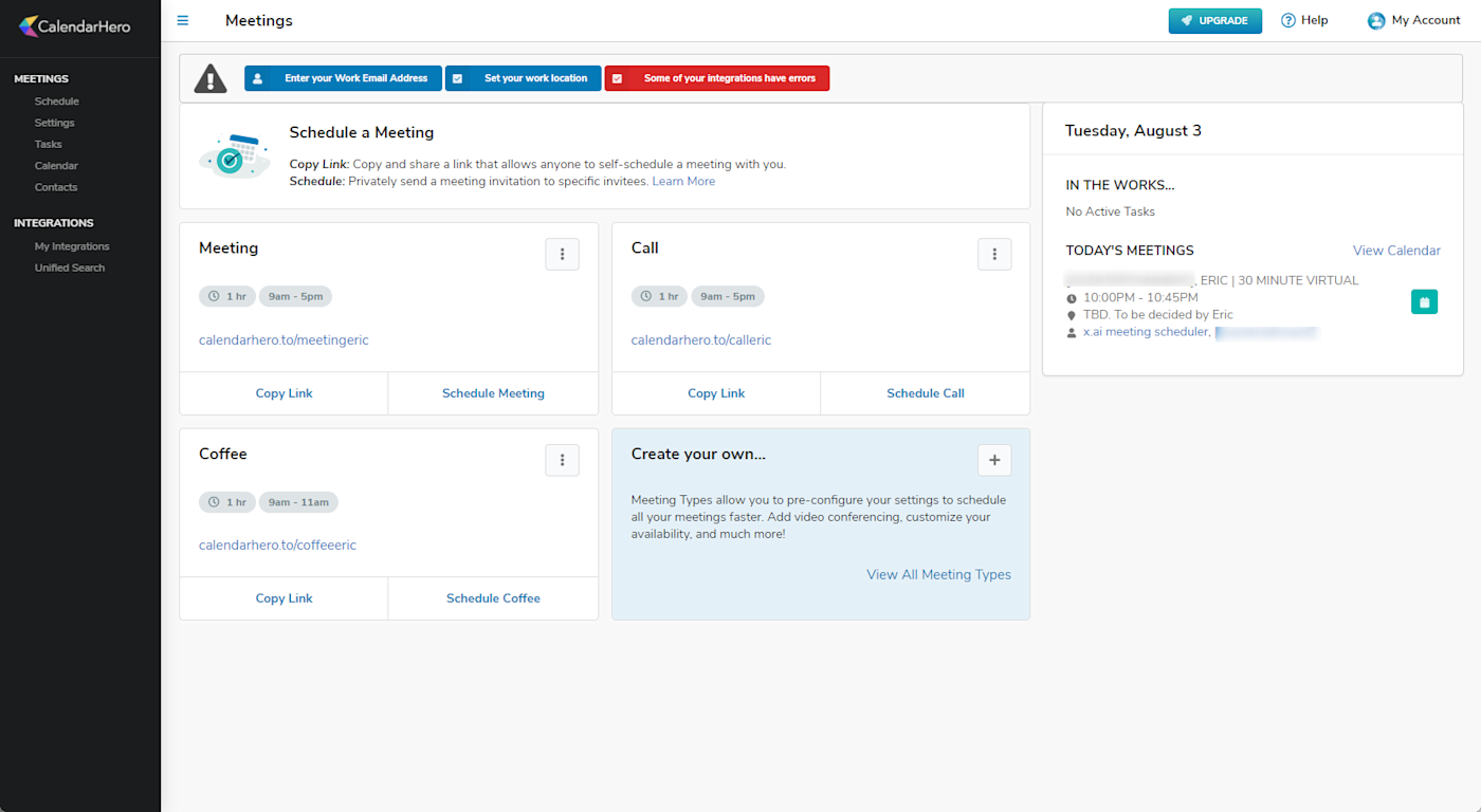 The interface for CalendarHero, our pick for the best meeting scheduler for scheduling multiple meeting types.