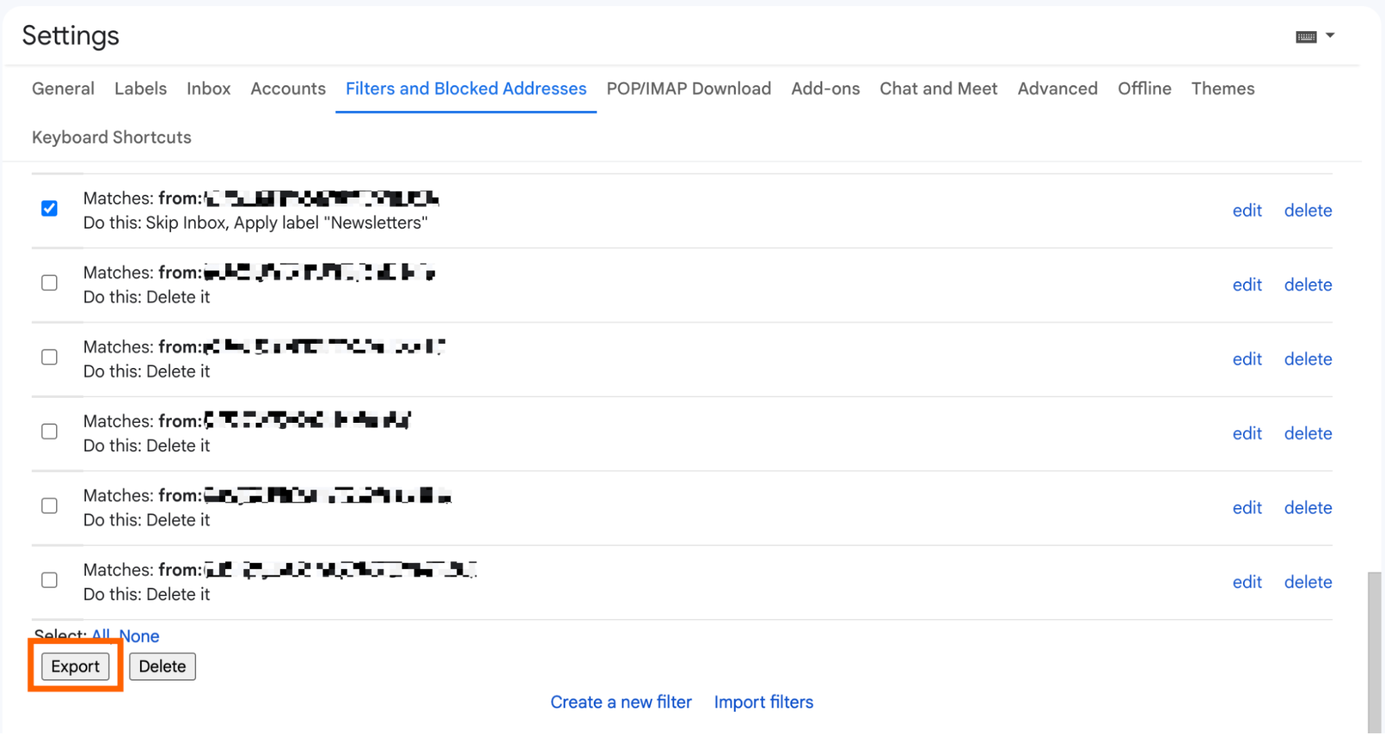 A list of Gmail filters selected to export. 