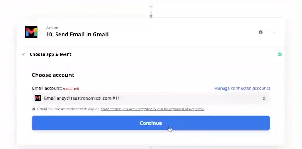 A step to send an email in Gmail in the Zap editor.