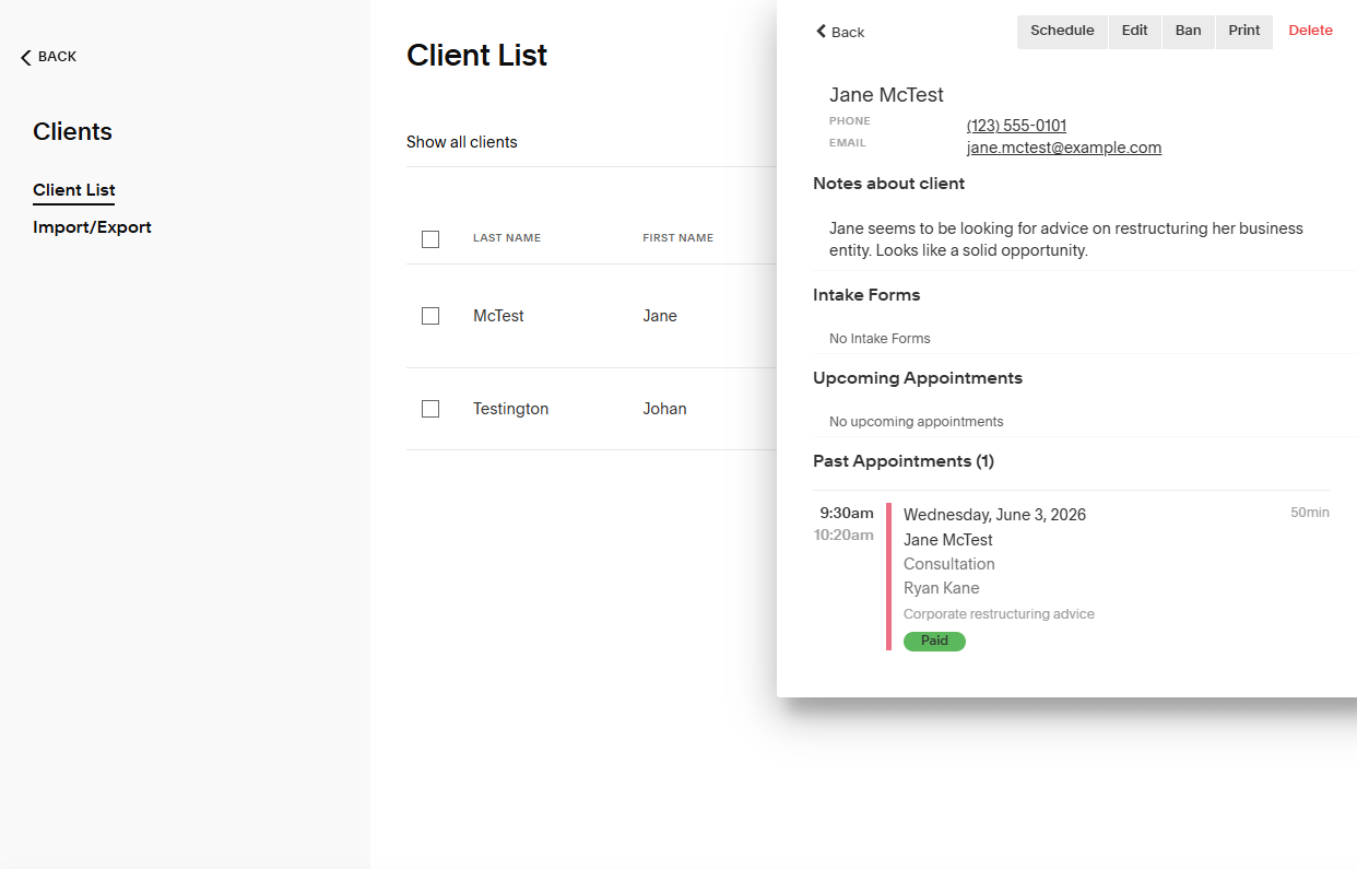 Acuity's Client List tab