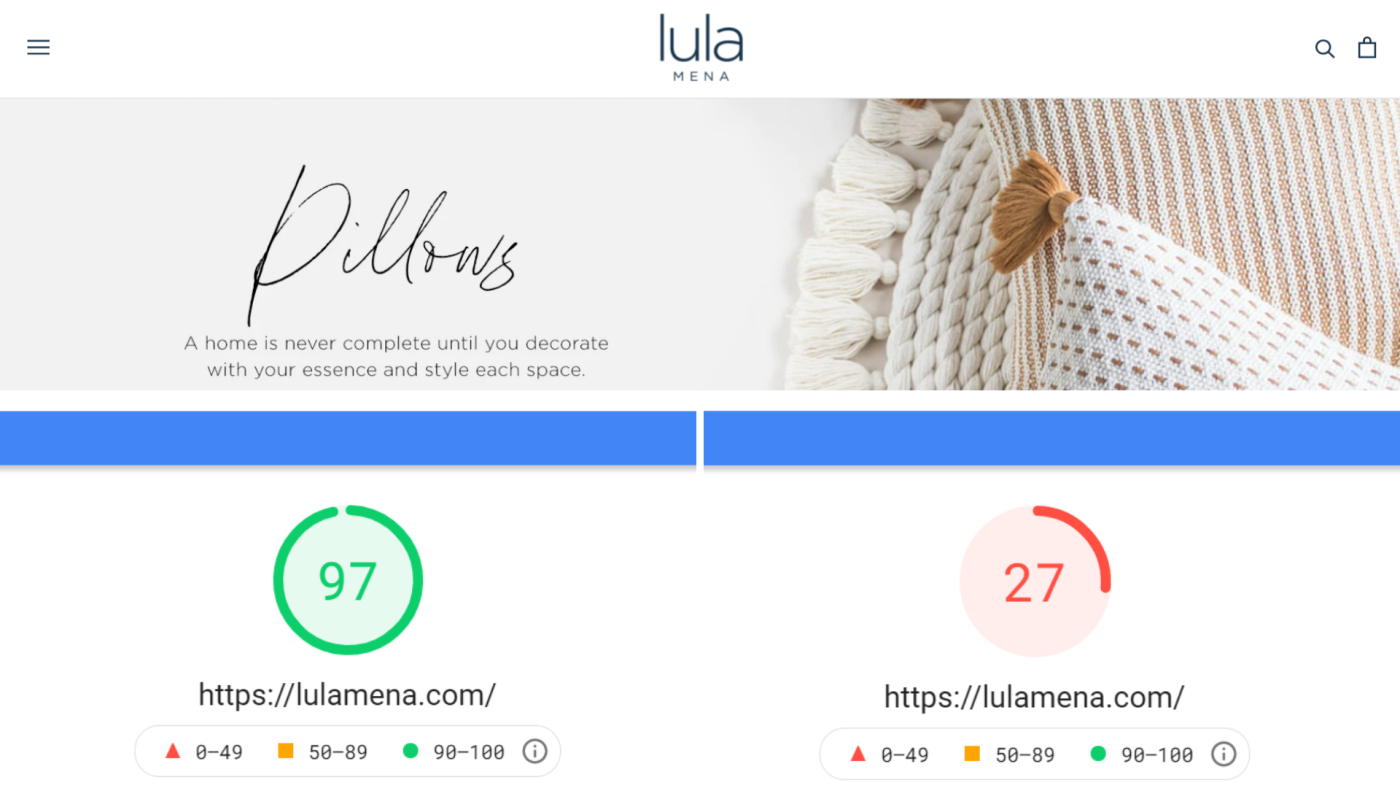 A screenshot of the Lula website with the speed test showing