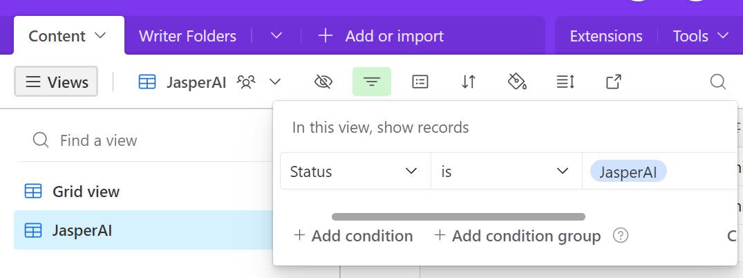 A view in Airtable that only shows records with JasperAI selected in the status field.