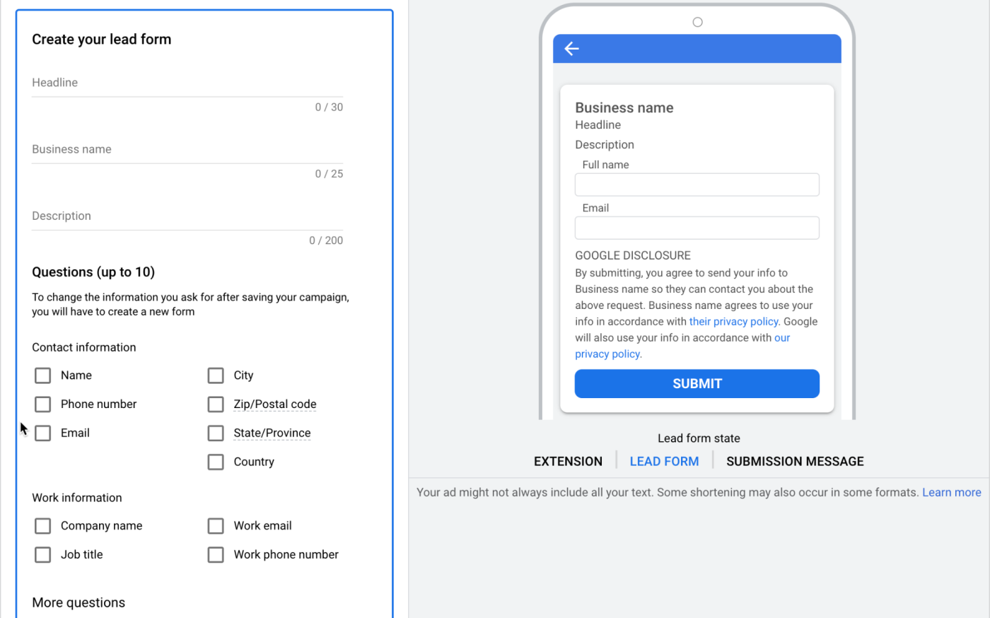 Creating the Google lead ads form