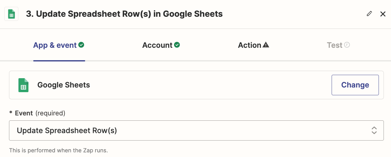 An action step in the Zap editor with Google Sheets selected for the action app and Update Spreadsheet Rows selected for the action event.