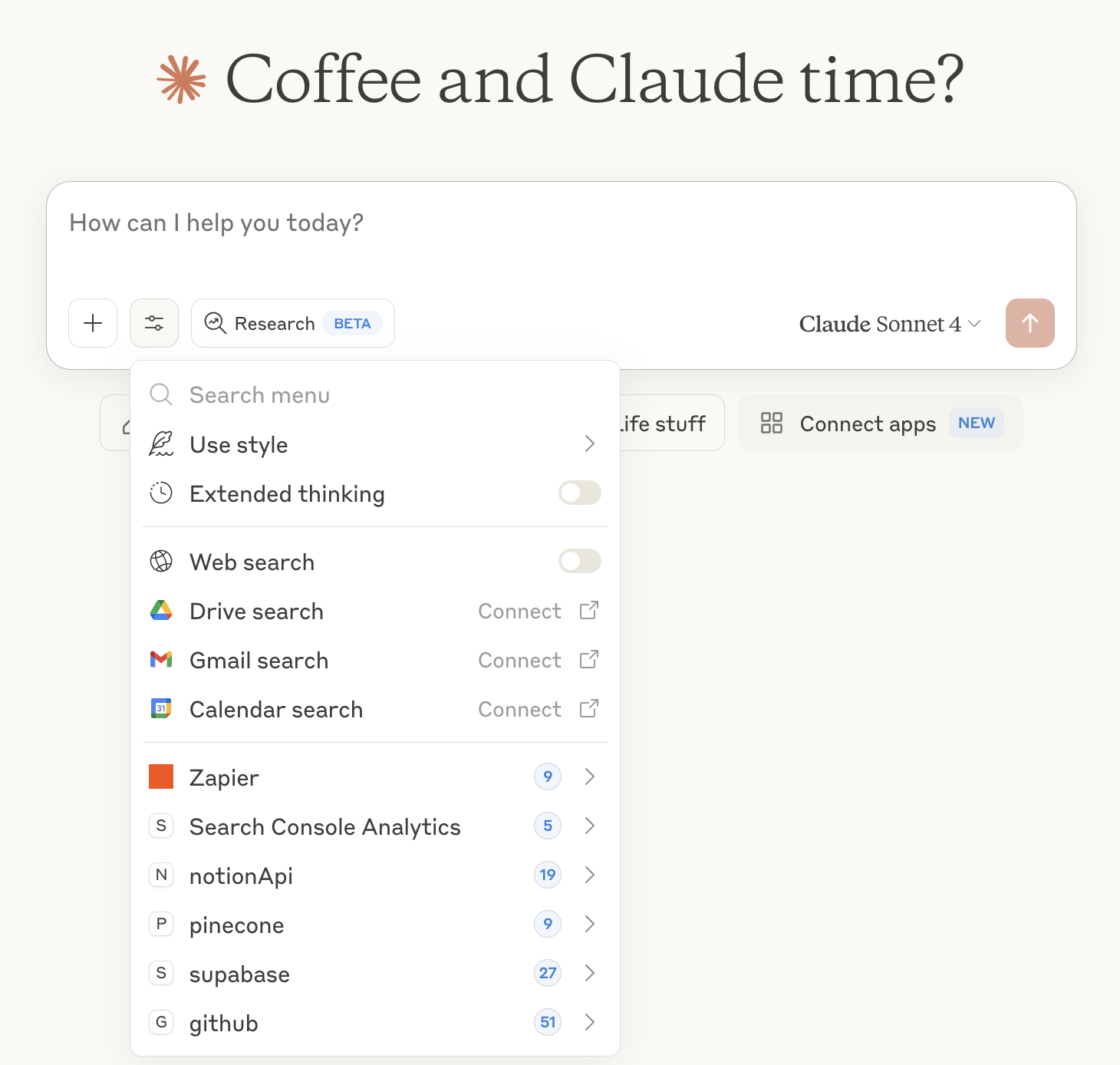 Un meniu drop-down în Claude care arată opțiunea Zapier MCP