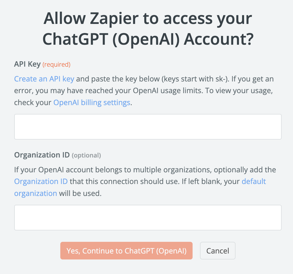 An authorization window asking the user if they want to let Zapier access their ChatGPT account