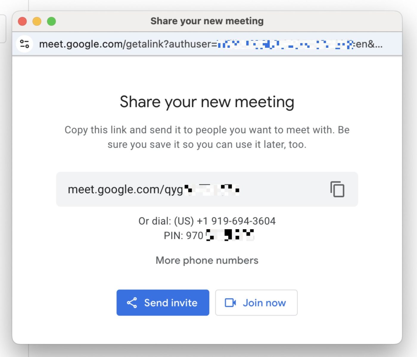 New meeting info in Google Meet with options to copy and send invites