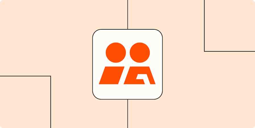 Two orange people icons on a light orange background with a dotted line behind it.