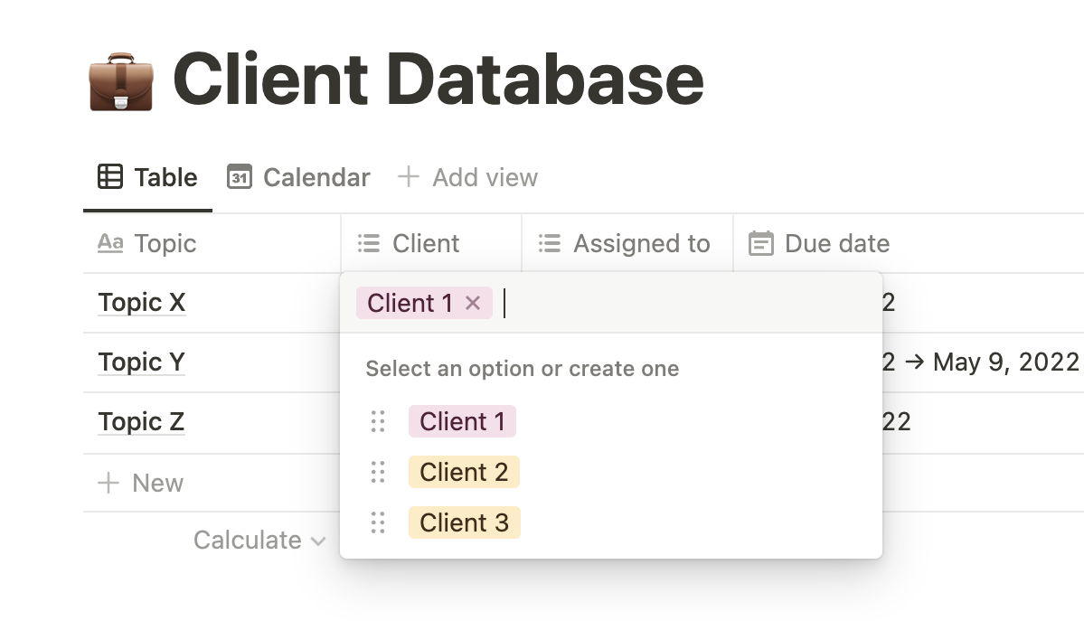 Adding a client to a database in Notion