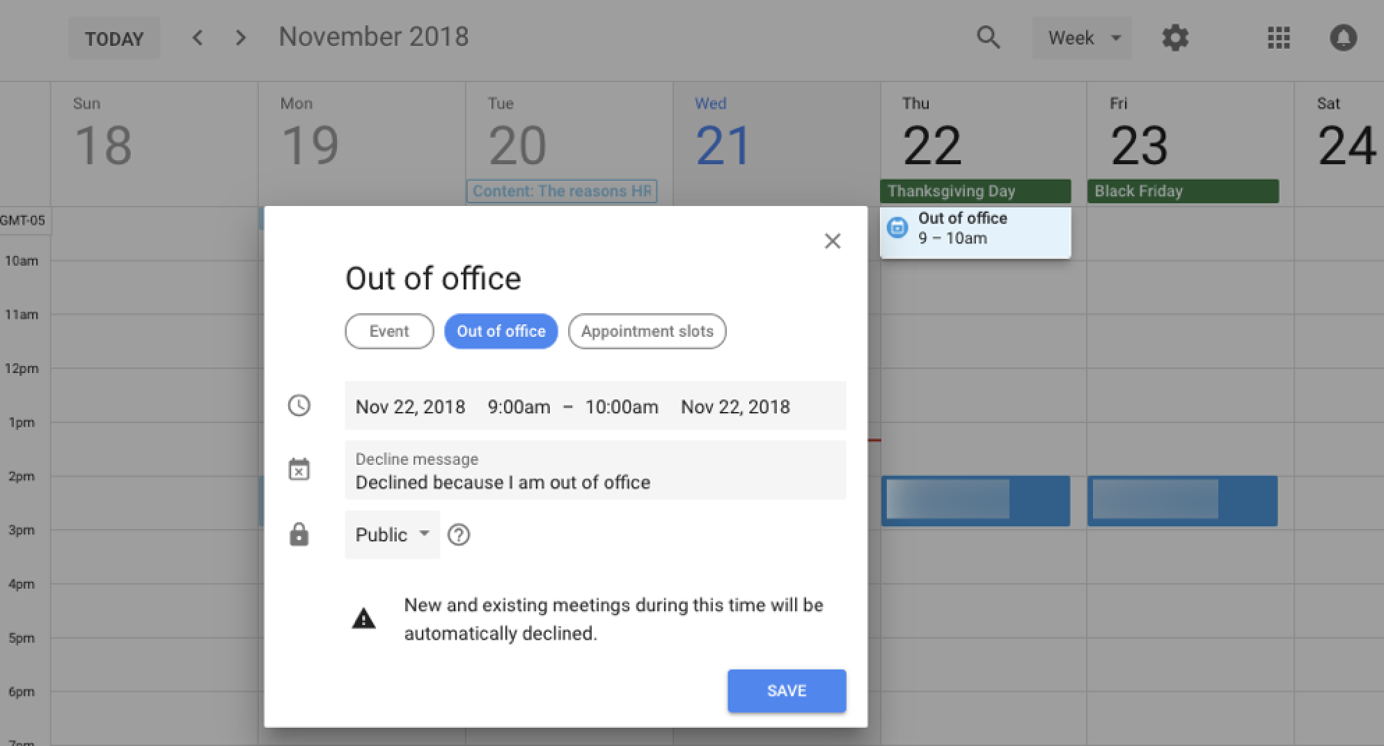 Google Calendar out of office
