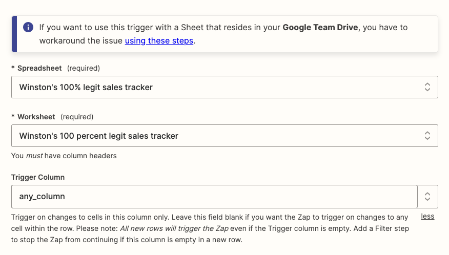 Click on the dropdowns to select the Google Sheet, worksheet, and column that will trigger the Zap.