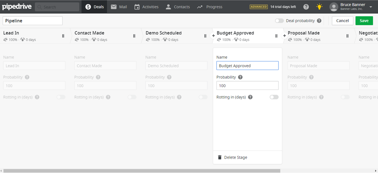 Pipeline editor in Pipedrive CRM