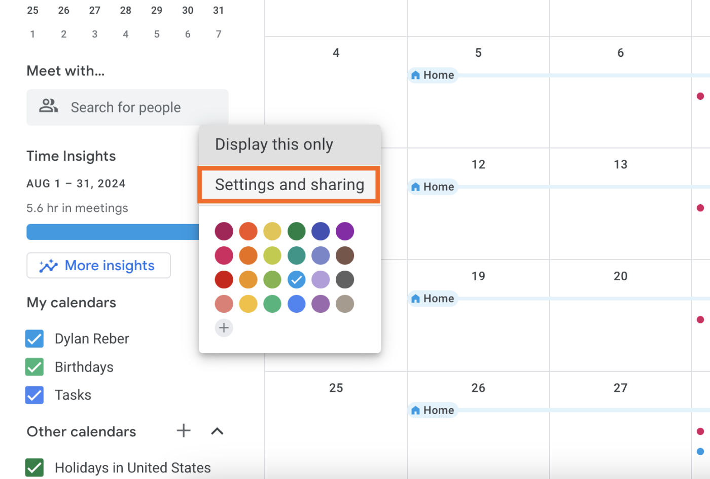 Image showing the sharing settings in Google Calendar