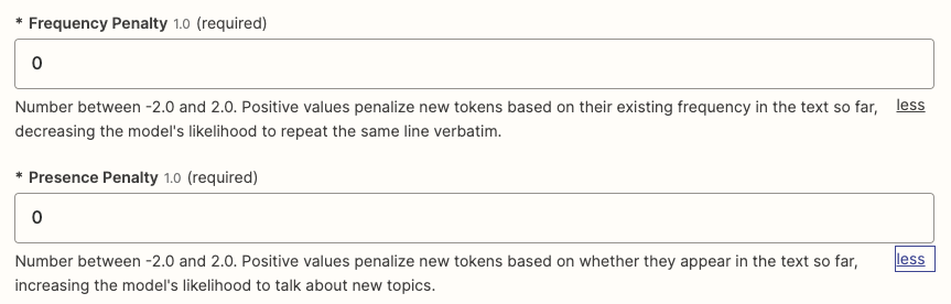 Adjust the frequency and present penalty for the prompt.