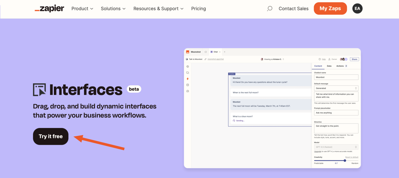 Screenshot of the Interfaces by Zapier landing page