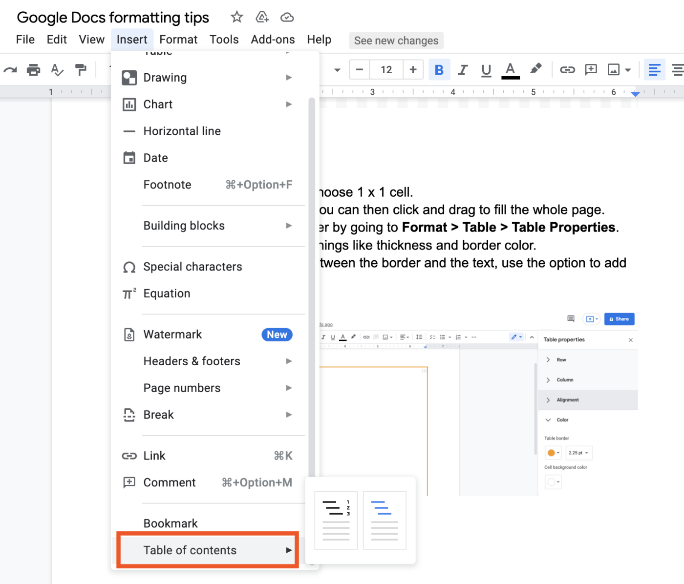 Table of contents in Google Docs
