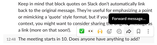 Screenshot showing where to click to forward a message in Slack.