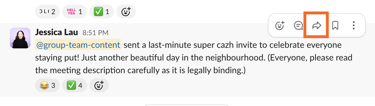 Slack message with the option to forward message highlighted.