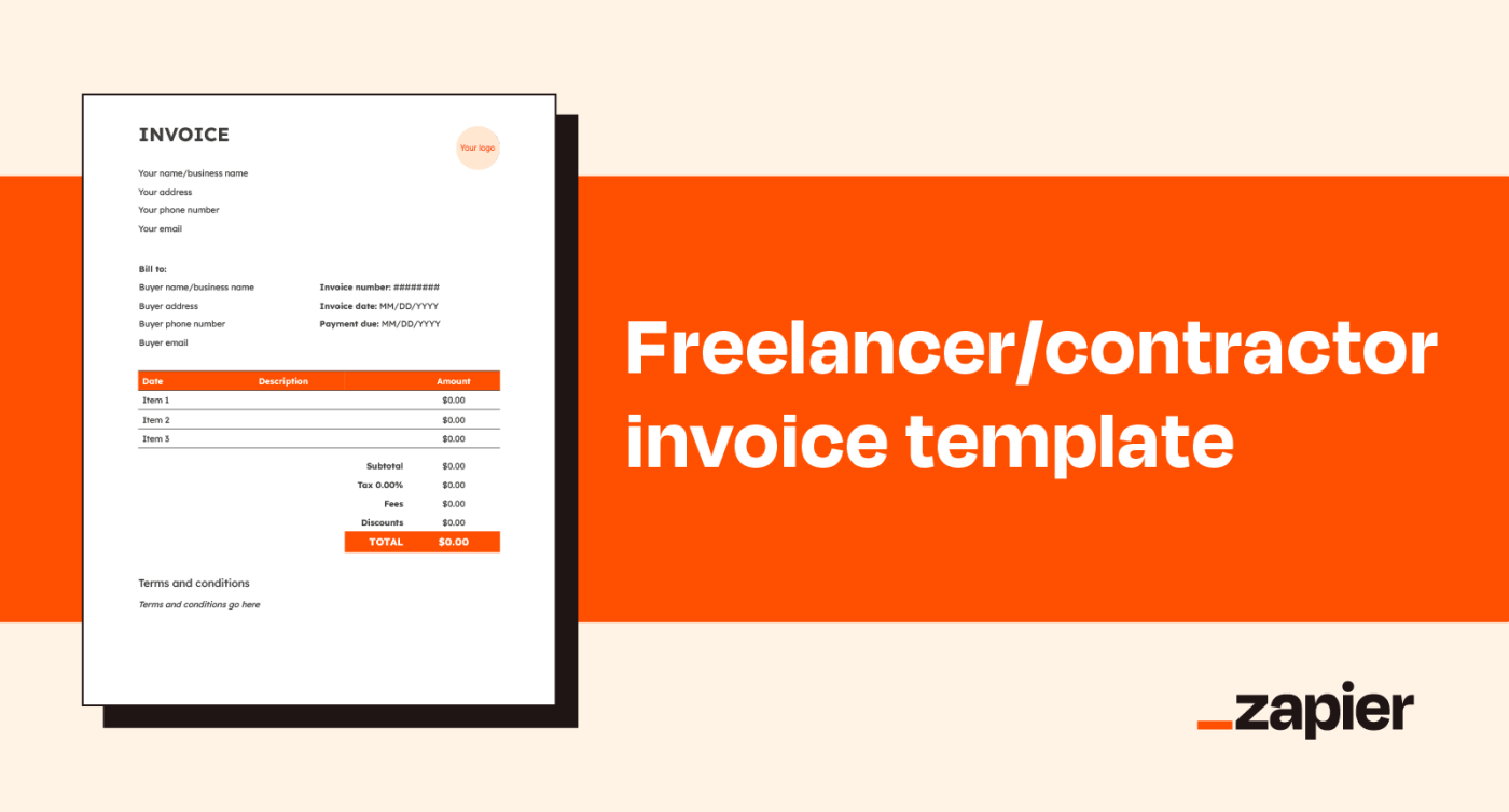 Illustrated image of Zapier's freelancer/contractor invoice template on an orange background