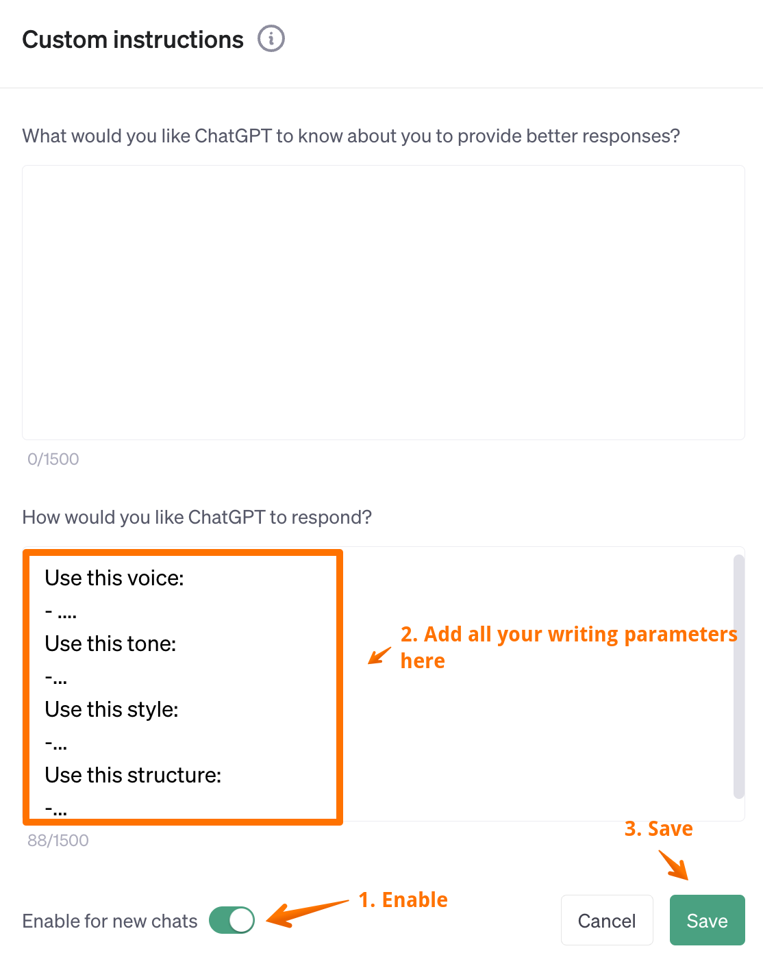 How to train ChatGPT to write like you by adding your writing style in the custom instructions. 