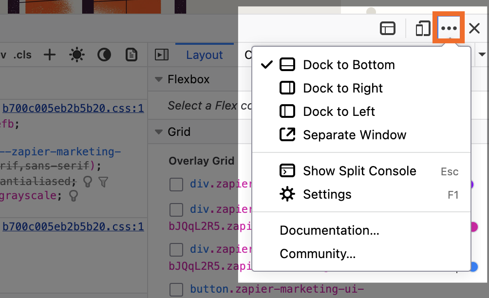 Expanded view of the three-dot menu in Firefox's DevTools pane with different docking options displayed.