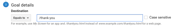 set a destination path for a google analytics goal