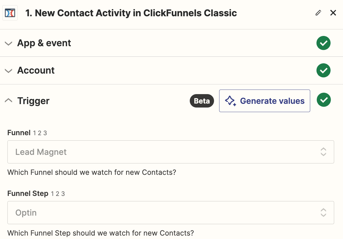 Fields to select a ClickFunnels funnel and funnel step in the Zap editor.