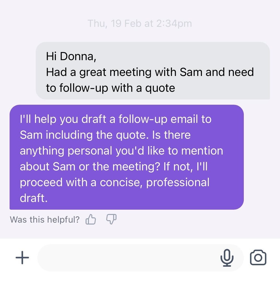 A screenshot of a text conversation in the Donna mobile app.