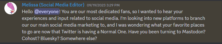 Melissa asking her community on Discord where they'd want the social media marketing for Unwinnable