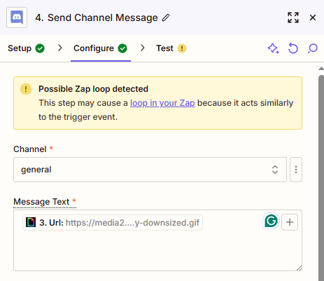The URL of a GIPHY GIF is shown in the Message Text field of a Discord Zap.