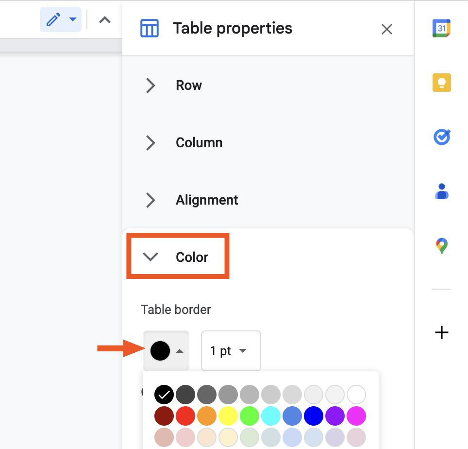 Table properties menu in a Google Doc. The Color option is highlighted and expanded. Under the Table border heading, an arrow points to a black circle and a  swatch of color options appears below it.