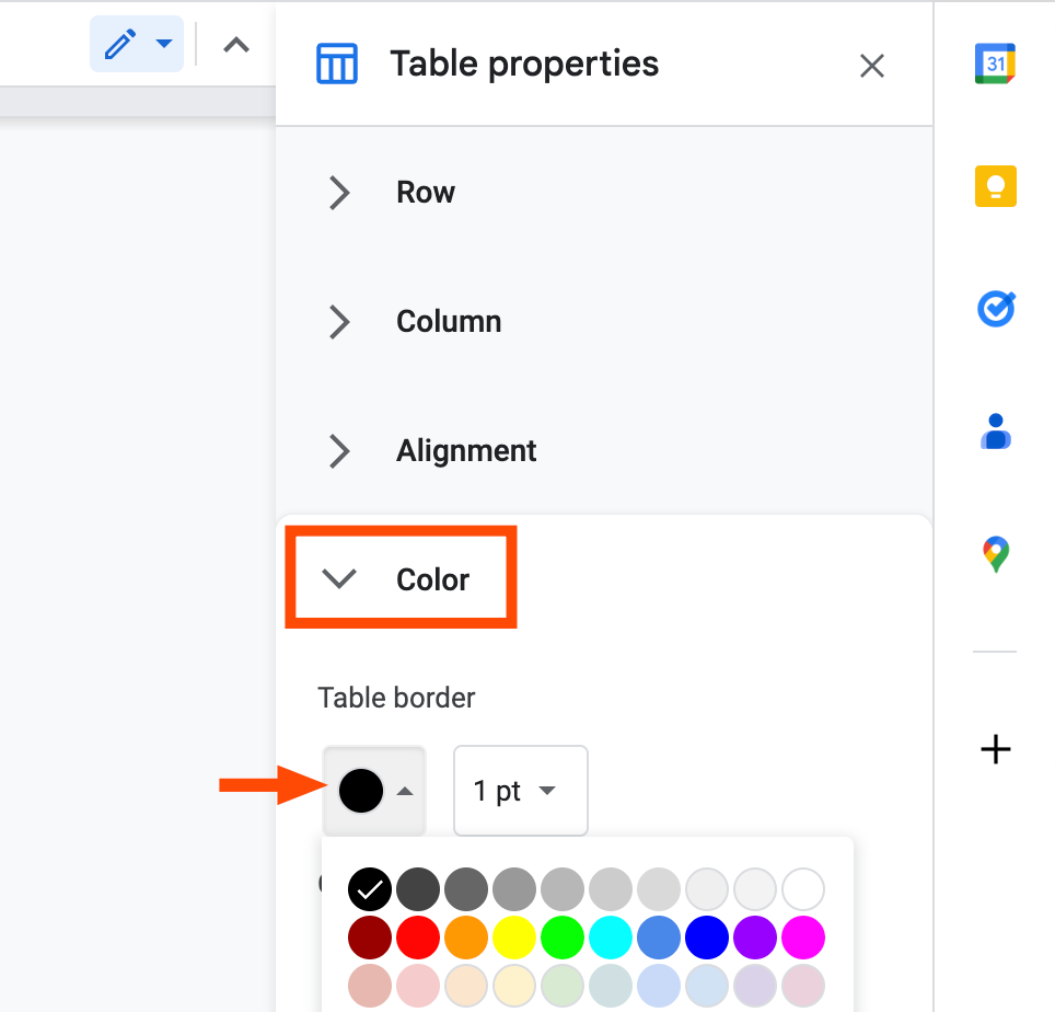 Table properties menu in a Google Doc. The Color option is highlighted and expanded. Under the Table border heading, an arrow points to a black circle and a  swatch of color options appears below it.