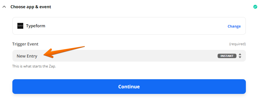 An orange arrow pointing to "New Entry" in a field labeled "Trigger Event".