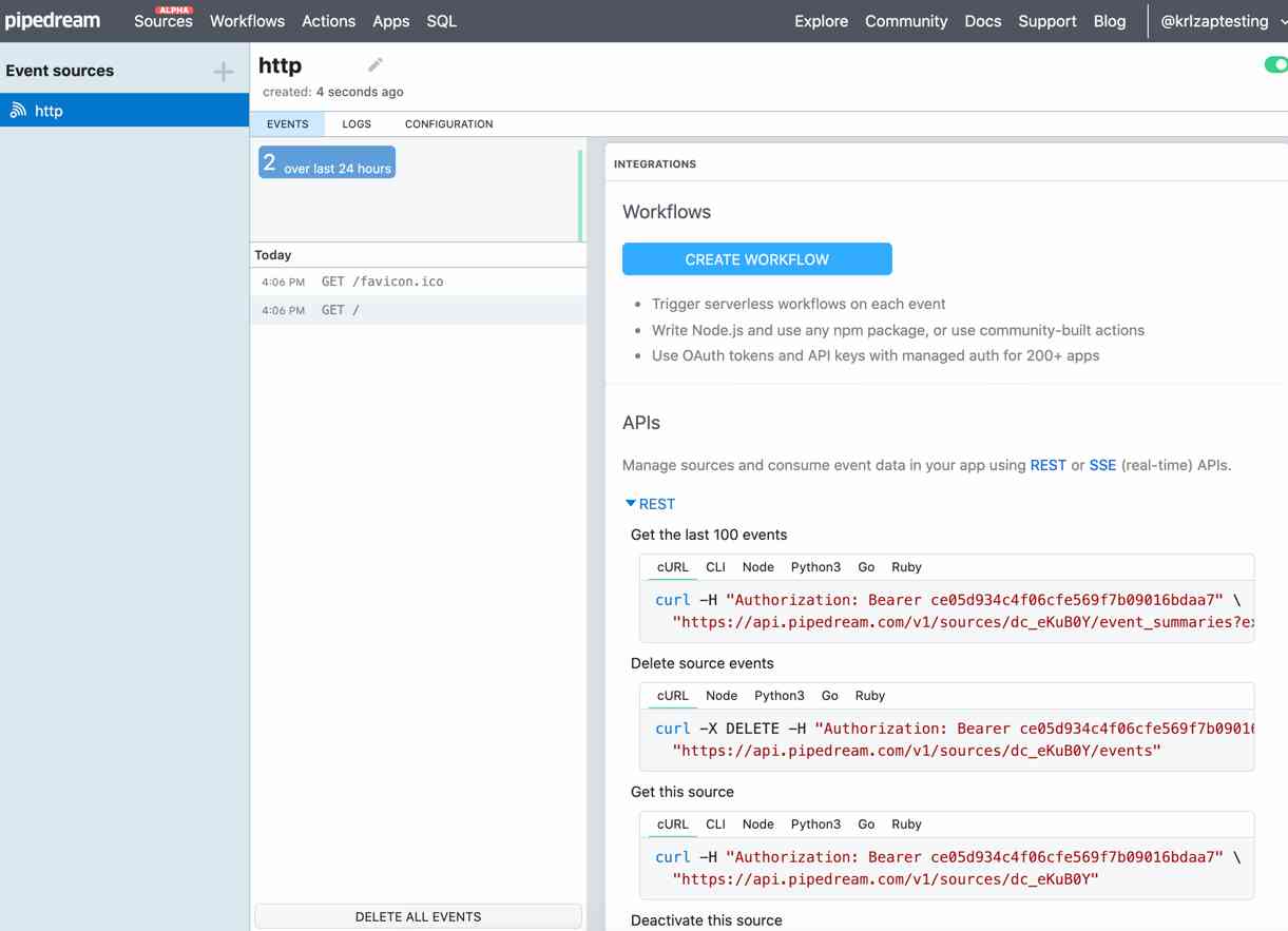 Click REST under INTEGRATIONS to see the data.