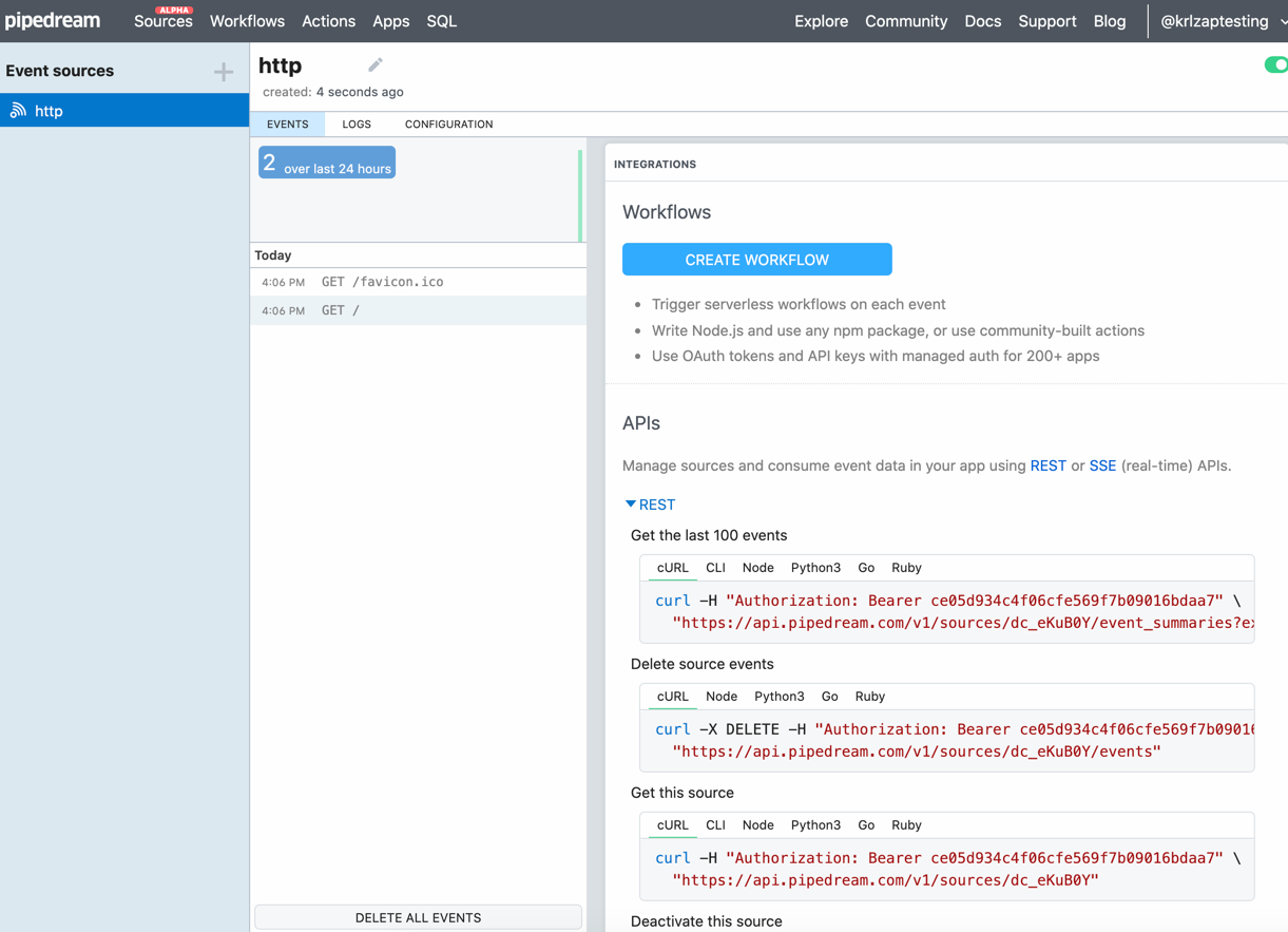 Click REST under INTEGRATIONS to see the data.