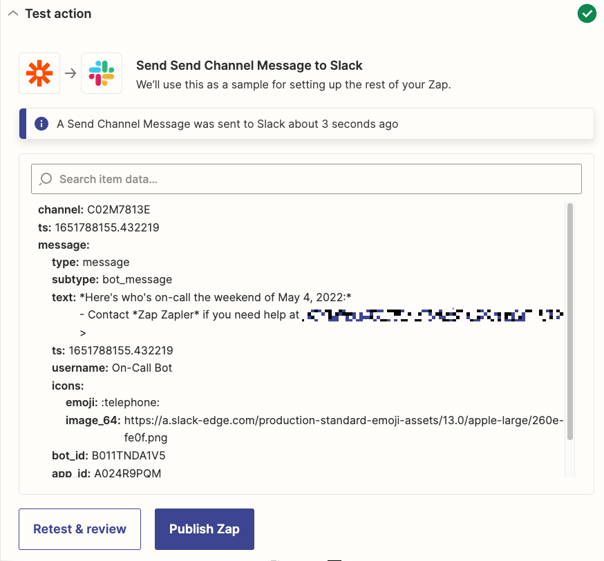 Testing the Slack action in the Zap editor. The pane displays the information Zapier will send to Slack.