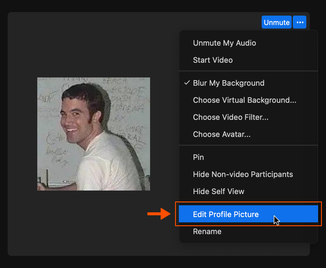 Author showing the reader how during a meeting, you can right-click your video tile and select Edit Profile Picture to change your photo